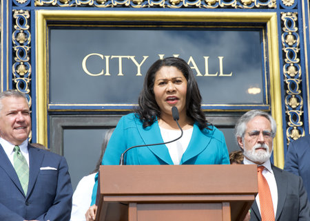 San Francisco, CA - June 26, 2024: Mayor London Breed speaking at a Rally ahead of the Board of Supervisorsâ Budget Committee Hearing on the Safe, Healthy and Vibrant SF Bond measure.のeditorial素材