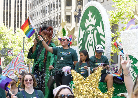 San Francisco, CA - June 30, 2024:  Unidentified participants in  the 54th annual Gay Pride Parade going up Market. This years theme, Beacon of Love.のeditorial素材
