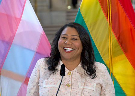 San Francisco, CA - August 01, 2024: Mayor London Breed speaking at a press event to kick off San Franciscoâs 3rd Annual Trans History Month.のeditorial素材