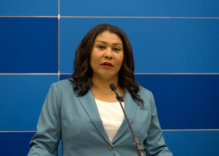 San Francisco, CA - Aug 6, 2024:Mayor London Breed speaking at a press conf highlighting new public safety drone program that is delivering results in decreasing crime.のeditorial素材