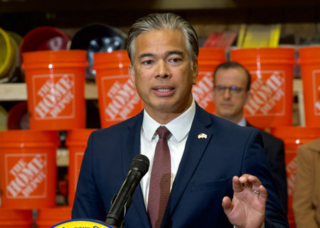 San Jose, CA - Aug 16, 2024: Attorney General Rob Bonta speaking at a Press Conference announcing 10 new bills, groundbreaking legislation aimed at combating retail crime in California.のeditorial素材