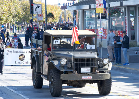 San Francisco, CA - Nov 10, 2024: Unidentified participants in the Veterans Day Parade in downtown...