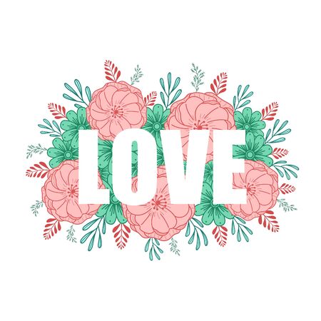 Word LOVE with pink and green flowersのイラスト素材