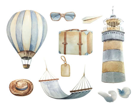 Watercolor travel set isolated on a white background.の写真素材