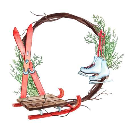 Winter watercolor round frame of branches, sled, red skis, skatesの写真素材