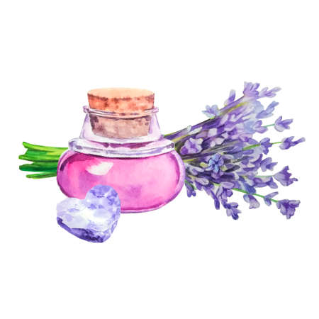 Watercolor composition for spa, lavender bouquet, oil, purple stoneの写真素材