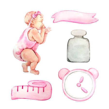 clipart for a newborn girl (weight, height, time, tape, baby)の写真素材