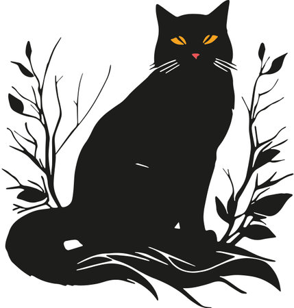 Black cat sitting on a tree branch. Vector illustration ready for vinyl cutting.のイラスト素材