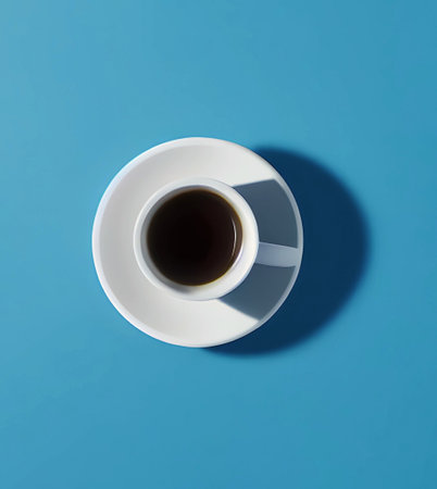 Cup of coffee on a blue background. Minimal style.の写真素材