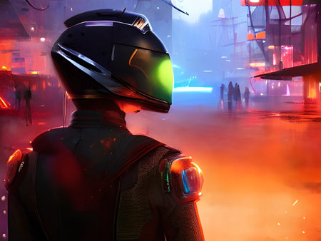 Astronaut in the space suit and helmet against the background of the night cityの素材