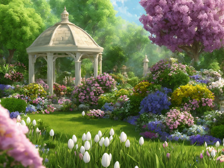 gazebo in garden with flowers and tulips - 3d render. AI imageの素材