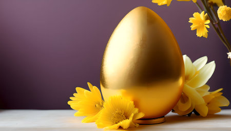 Easter egg with yellow flowers on a purple background. Happy Easter. AI generatedの素材
