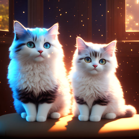 Two cats sitting on a window sill at night. Fluffy kittens with blue eyes. AI generatedの素材