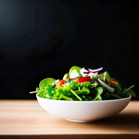 Fresh salad in white bowl on wooden table over dark background. Healthy food concept. AI generatedの素材