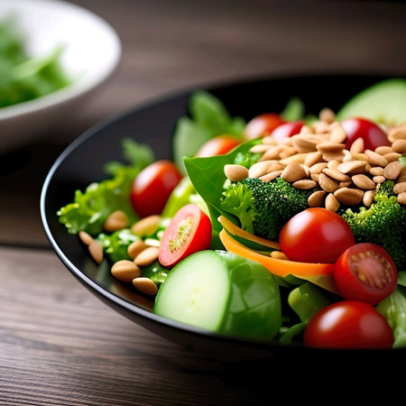 Fresh vegetable salad with nuts in black bowl on wooden table, close up. AI generatedの素材
