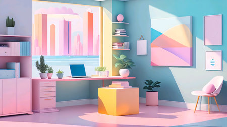 Interior of modern office with blue walls, white floor, pink computer desk and armchair. AI generatedの素材