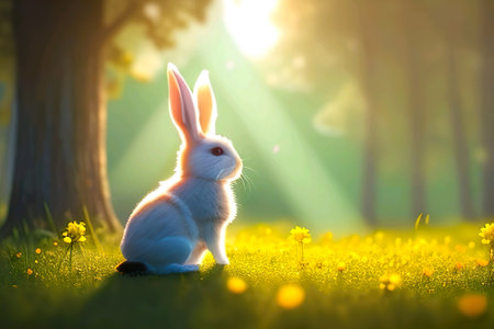 Rabbit in the meadow with dandelions and sun rays. AI generatedの素材
