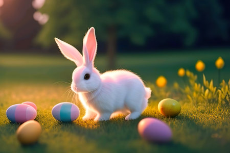 Easter bunny and easter eggs on green grass with flowers. AI generatedの素材
