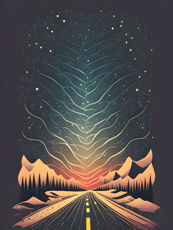 Mountain landscape with road and starry sky. vector illustration. AI generatedの素材