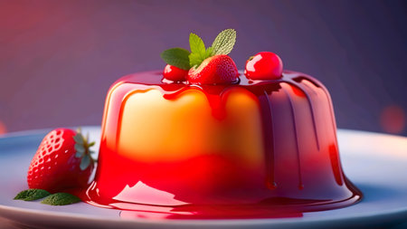 Panna cotta with strawberries and mint on a violet background. AI generatedの素材