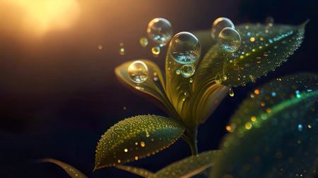 Water drops on a green leaf in the sunlight. 3D rendering. AI generatedの素材