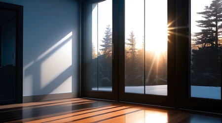 Sunset in the window of the room with a wooden floor. AI generatedの素材