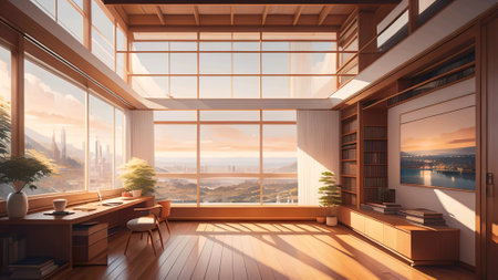 Interior of modern living room with panoramic window and city view. 3D Rendering ai generatedの素材