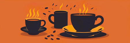 Coffee cups and saucers on orange background. vector illustration. AI generatedの素材