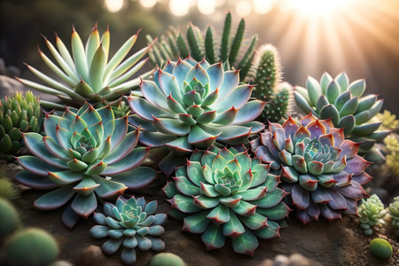 Succulent plants in the garden. Cactus and succulents. AI generatedの素材