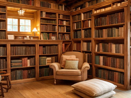 Interior of an old library with bookshelves and armchair. AI generatedの素材