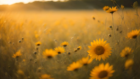 Sunflowers in the field at sunset. Shallow depth of field.の素材