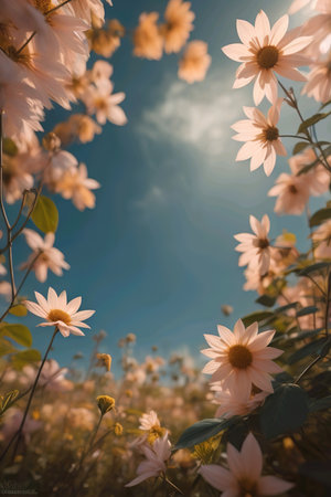 Field of daisies and blue sky with clouds in retro styleの素材
