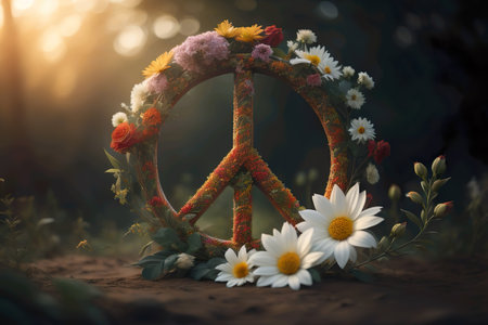 Peace symbol with flowers in the forest. 3d rendering. Illustration.の素材