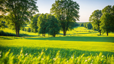 Sunset or sunrise in a summer field with green grass and treesの素材