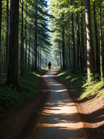 A man walking on a dirt road in the forest at sunrise.の素材