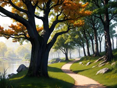 Autumn landscape in the park with a path and a big treeの素材