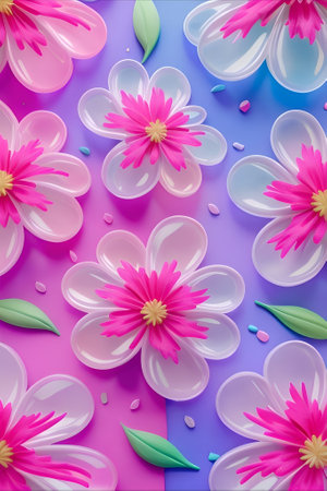 Flower petals with water drops on colorful background. 3d illustrationの素材