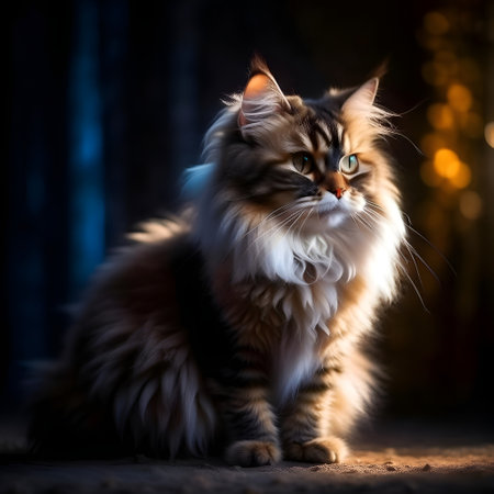 Beautiful maine coon cat on dark background. Fluffy petの素材