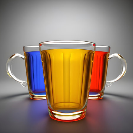 3d illustration of multicolored beer in glass cups on gray backgroundの素材