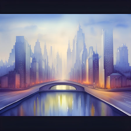 Cityscape with bridge over the river at night. Vector illustration.の素材