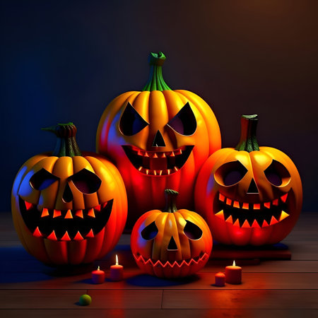 Halloween pumpkins with candles on wooden background. 3d renderingの素材