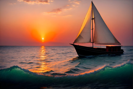 Sailing boat on the sea at sunset. Beautiful nature background.の素材