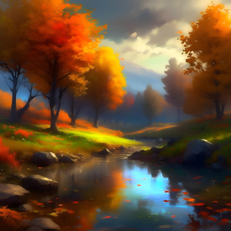 Beautiful autumn landscape with river and colorful trees. digital painting.の素材