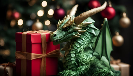Green dragon with a gift box on the background of a Christmas treeの素材