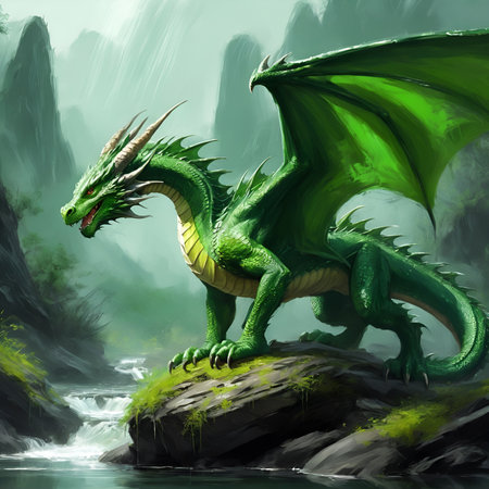 Fantasy green dragon on a rock in the river. Digital painting.の素材