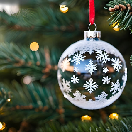 Christmas tree decoration with silver ball and snowflakes on blurred backgroundの素材
