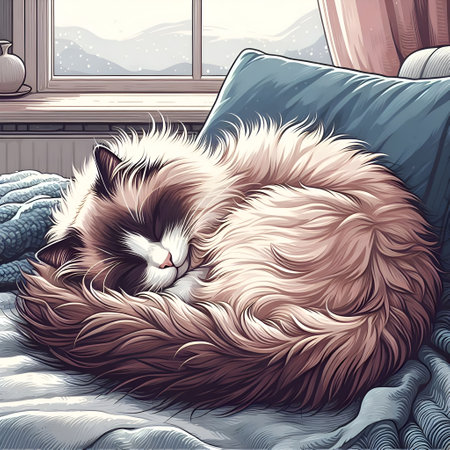 Illustration of a cat sleeping on the bed in the morning.の素材