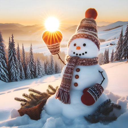 Snowman in the mountains at sunset. Christmas and New Year concept.の素材