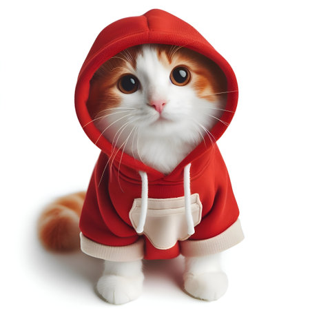 Funny cat in a red hoodie. Isolated on white backgroundの素材