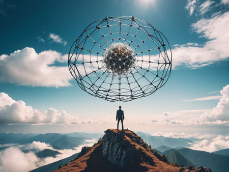 Conceptual image of a man standing on top of a mountain and looking at the globe.の素材